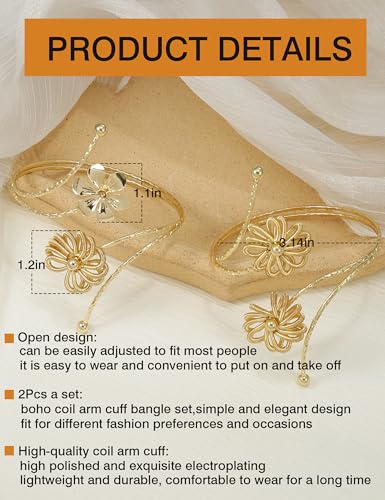 BOMAIL 2Pcs Upper Arm Bracelet for Women Arm Band Cuff Coil Coil Bangle Bracelets Set Gold Plated Flower Leaf Arm Cuff Boho Jewelry for Women2