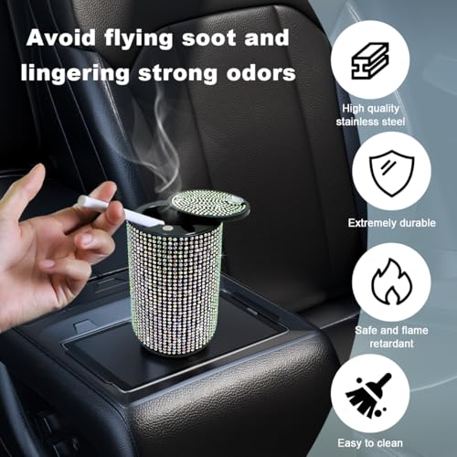 Image of Car Cigarette Ashtray with Lid, Stainless Steel Bling Crystal Diamond Smokeless Fireproof Vehicle Ashtray Holder, Portable Sparkling Ashtray Cup Holder for Car Home Office (Colorful)