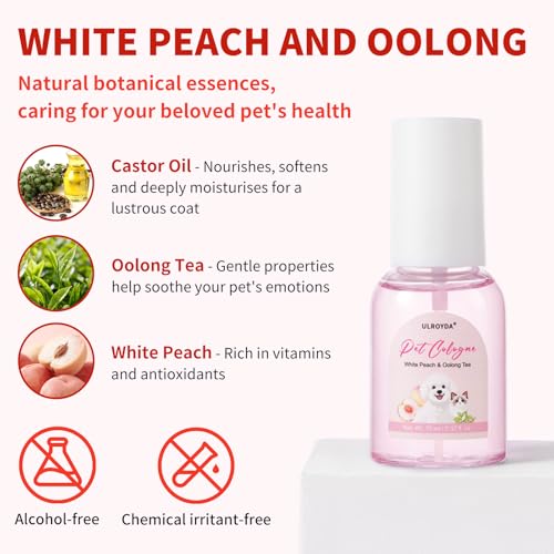 ulroyda Grooming spray for dogs and cats, pet perfume, long-lasting white peach oolong fragrance, deodorizing, containing natural peach extract, suitable for use between two baths, 2.37fl.oz. - Thumbnail 3