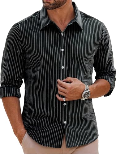 BAYAMO Men's Casual Button-Down Striped Shirts Long Sleeve Cotton Linen Shirts for Men Fashion Business Shirt