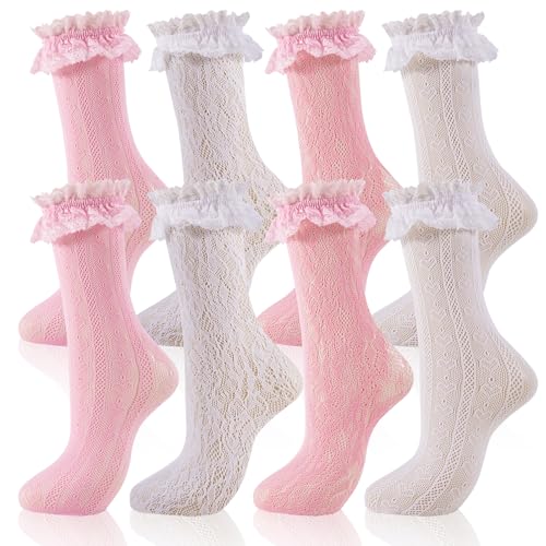 Image of Women Lace Ruffle Socks White Black Frilly Lolita Crew Dress Socks | Womens Ankle Lacy Ruffled Socks Adult Cute Soft Cotton Thin Sexy Mesh Lace Trim 80s Casual Church Socks for Ladies Big Girls