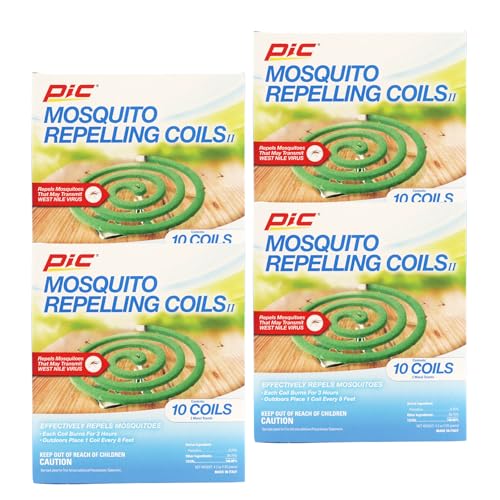 PIC Mosquito Repelling Coils, Outdoor Mosquito Repellent, Up to 3 Hours Protection, 8-Feet Area Coverage, Suitable for Patio, Porch, Backyard & Outdoor Use, 40 Coils (4 Packs of 10)