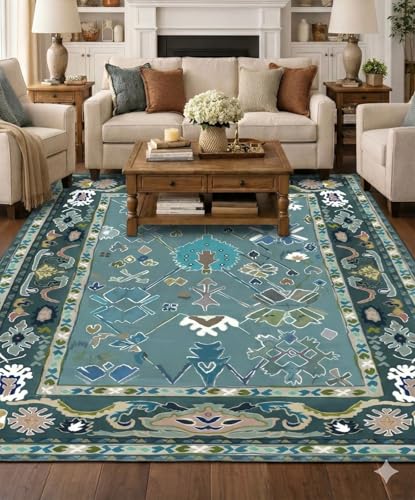 Image of Soft & Durable Floor Carpet | Premium Cotton Carpet for Living Room, Bedroom & Home Decor | Multi-Printed Modern Area Carpet (3x5ft.) (Aqua)