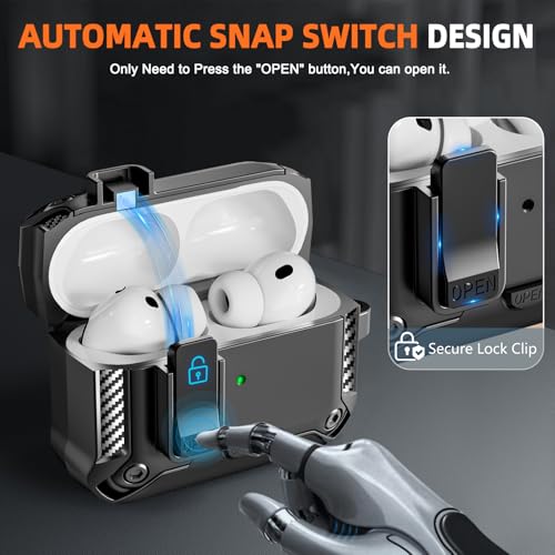 Image of for AirPods Pro 3 Case with Lock & Phone Stand(Black) | Automatic Snap Switch Lock,Carbon Fiber Texture Design Cover with Cleaner Kit