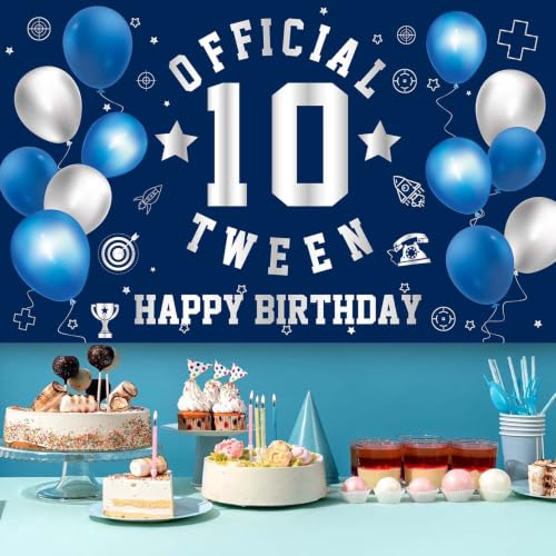Image of Happy 10th Birthday Banner Backdrop 10th Birthday Decorations for Boys | Large Official Tween 10 Year Old Backdrop HBD Party Decorations Supplies, Navy Blue Silver