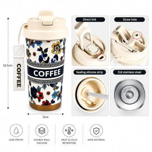 Image of STARFLYER Double Coffee Cup with Travel Strap 316 Stainless Steel Double-Layer Insulated Vacuum Bottle with Straw-500ml(Coffee tag)