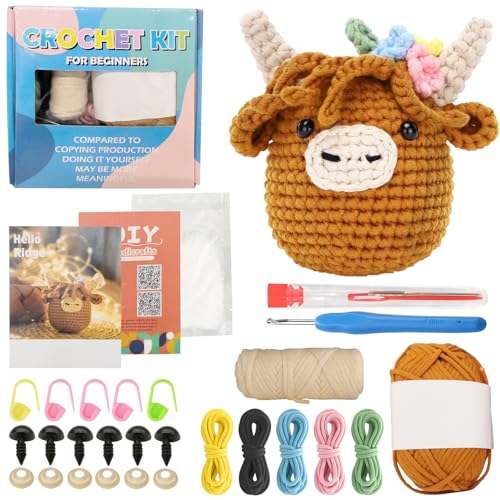 Komplettes Häkelset für Anfänger - Gelb-braun Schottisches Hochlandrind Strickset für Erwachsene, DIY Häkelnadel Set, Häkeltiere Set, Crochet Set Inklusive Video Tutorial, Anleitung Weiches Garn