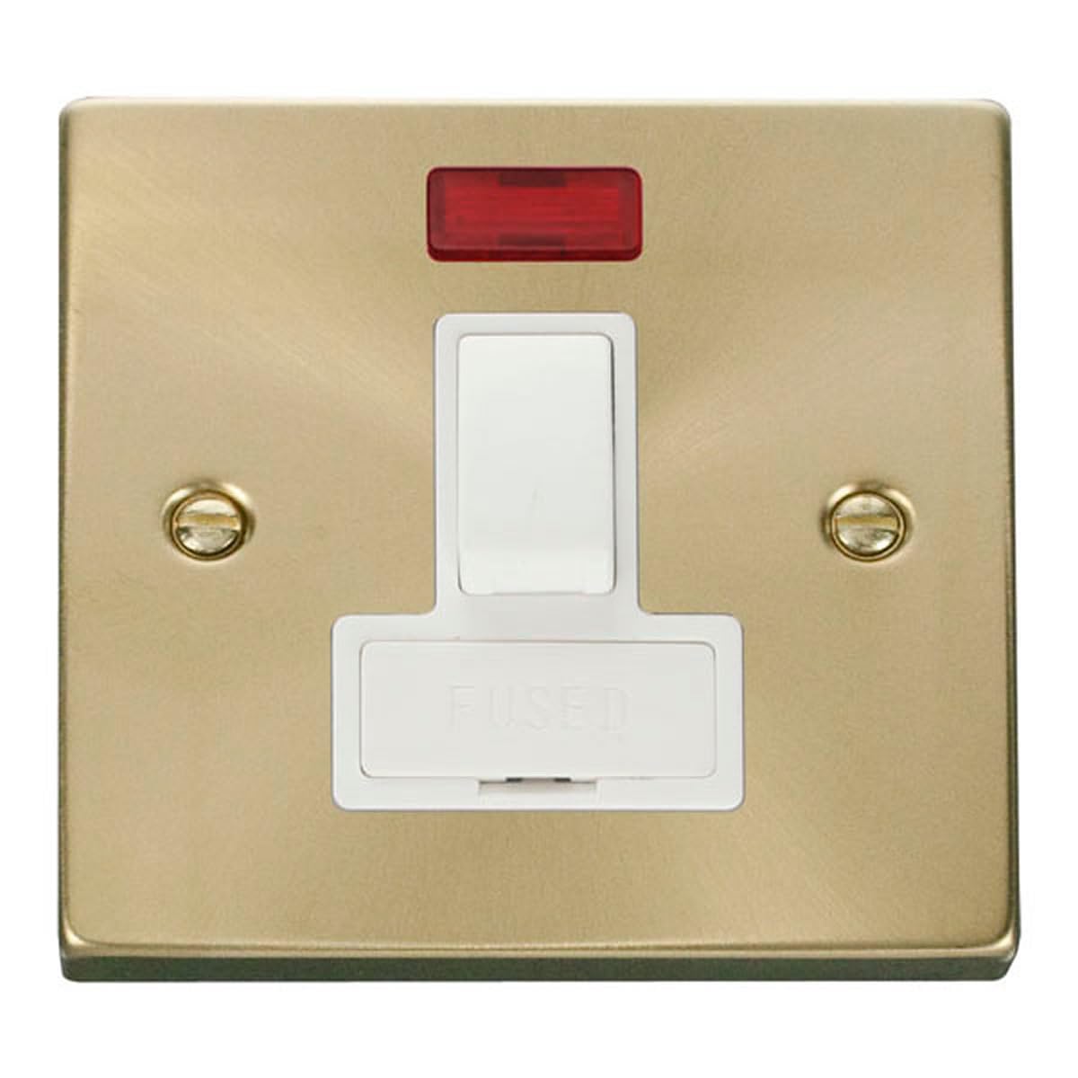 Victorian Satin Brass Switched Fused Spur With Neon - White Insert