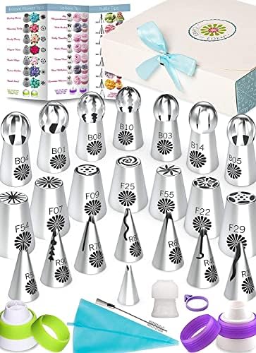 Cupcake Russian Piping Tips Set - Best 69pc Edible Flowers Cake Decorating Kit, Large Frosting Nozzles. Bonus Icing Pastry Bags. Extra Couplers. Baking Accessories and Supplies. Ball Flower Nozzle