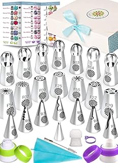 Cupcake Russian Piping Tips Set - Best 69pc Edible Flowers Cake Decorating Kit, Large Frosting Nozzles. Bonus Icing Pastry Bags. Extra Couplers. Baking Accessories and Supplies. Ball Flower Nozzle