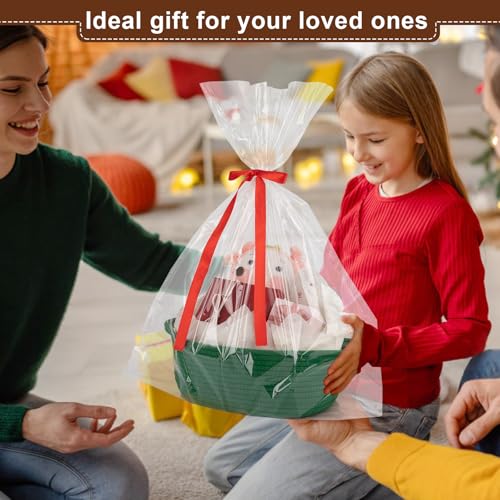 Image of OIAHOMY Gift Basket with Handle, Small Woven Basket with Gift Bag, Ribbon and Wrap Tissue Paper, Nursery Bins Empty to Fill with Small Items, Baby, Pet Toy Organizer - Deep Green