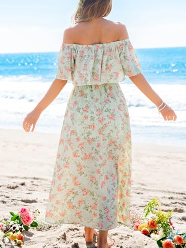 Image of CUPSHE Women Ruffle Floral Maxi Summer Dress Off Shoulder Short Sleeve Backless Flounce Bodice Slit Hem Beach Dresses