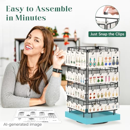 Image of EsLuker.ly Rotating Earring Display Holder Stand for Vendors Events Selling, Large Capacity 64 Hooks Jewelry Rack with Wooden Base for Earring Card Sales, Enhances Retail Visibility (Blue)