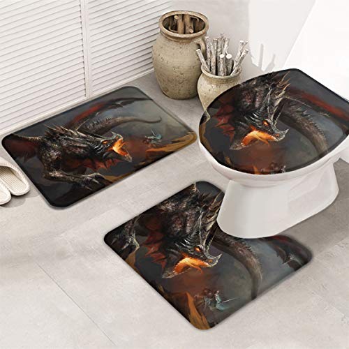 Queenker 3-teiliges Badteppich-Set, WC-Sitzbezug, cooler Drachen-Tier-Kunstdruck, WC-Vorleger und WC-Deckelbezug, rutschfeste Badezimmer-Bodenmatte 45.7x76.2 cm + 35.6x45.7 cm + 38.7x45.7 cm – Bild 3