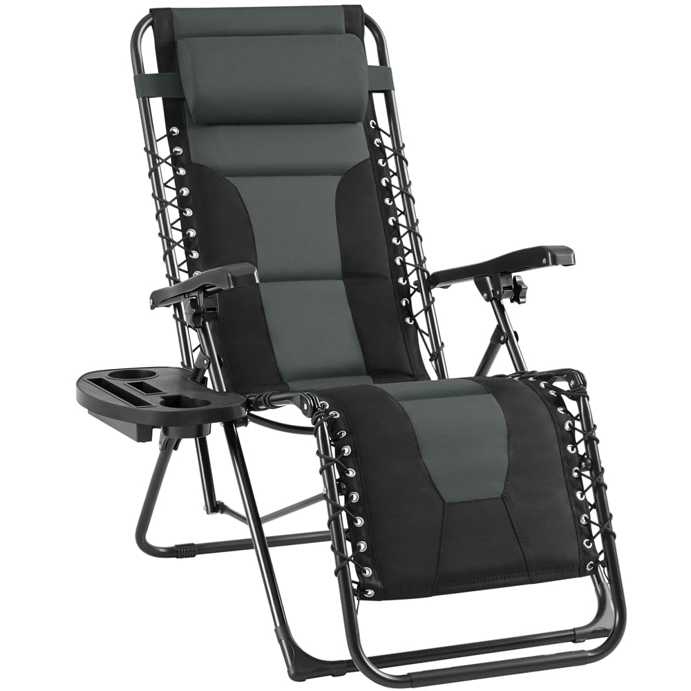 Yaheetech Lettino prendisole pieghevole, resistente alle intemperie, ergonomico, da giardino, con schienale regolabile, con cuscino cervicale e porta bevande, colore: nero e grigio