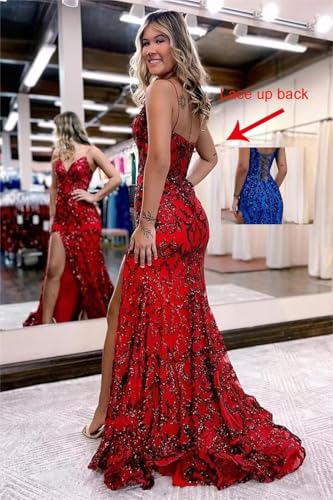 Mermaid Sparkly Sequin Prom Dress with Slit for Women 2025 Spaghetti Straps Tulle Evening Formal Gown2