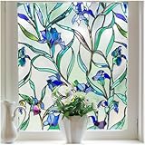 Stained Glass Window Privacy Film, 3D Decorative Window Cling, UV & Heat Blocking Floral Windows Cover, Static Cling No Adhesive Reusable Design for Home, Blue, 17.5' x 39.4'