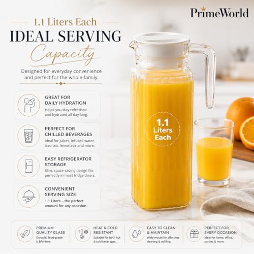 Image of PrimeWorld 2 Pcs Stripe Glass Jug with Lid, 1.1Liters Each, Multipurpose Jug, Transparent Beverage Carafe for Home, Office, Pitcher for Serve Water, Milk, Juice, Beverage, Lassi, Cocktail