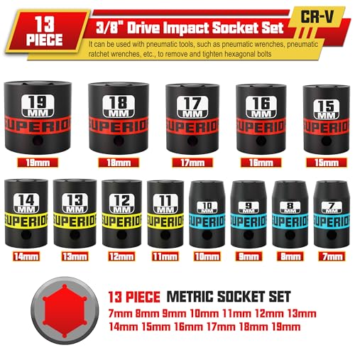 Image of 13 Piece 3 /8 inch Drive Impact Socket Set, 7 mm-19 mm Shallow Socket, Metric, 6 Point, CR-V, Automotive Motorcycle and Bicycle Maintenance, Machinery Manufacturing