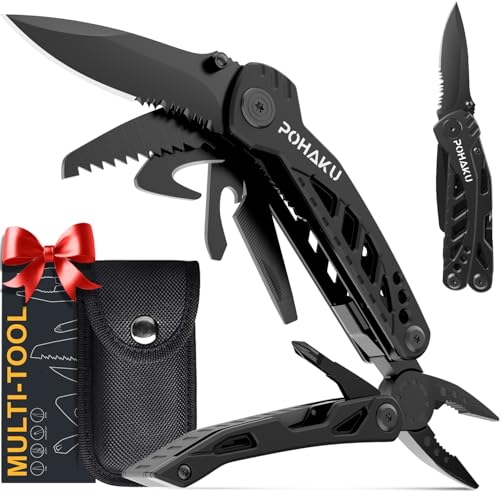 Pohaku Multitool Knife, Pohaku 13 in 1 Pocket Multitool, Multi Tool with 3″ Large Blade, Safety Locking Design, Spring-Action Plier, Durable Nylon Sheath for Outdoor, Camping, Fishing, Survival,Hiking