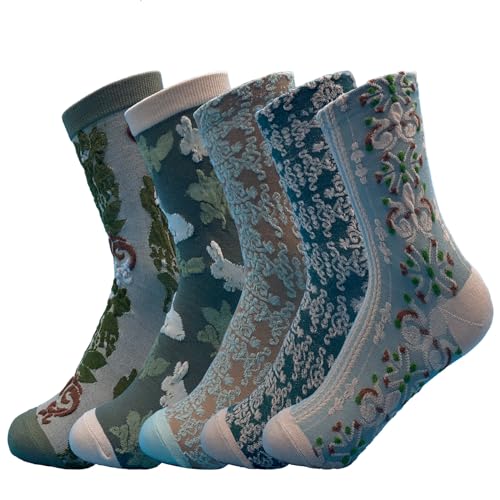 Image of 5 Pairs Floral Socks Women Trendy Flower Socks Embroidered Vintage,Girls Cute Sweet Nordic Textured Cotton Sock (US, Alpha, One Size, Regular, Regular, E 5 Pairs Green /Blue)