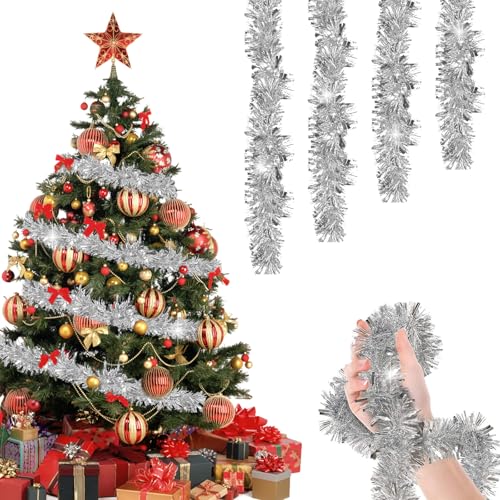 Guirlande de Noël en Lametta, 10 pièces x 2 m de Guirlande de Noël, pour rampes d'escalier, cheminées, décoration extérieure (argenté)