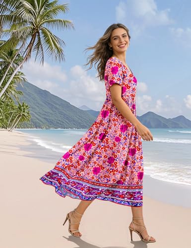 Image of YESNO Women's Summer Maxi Dresses Casual Floral Short Sleeve V Neck Boho Beach Vacation Swing Dress with Pockets EVF