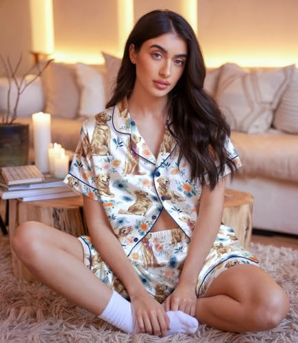 Image of Women 2PCs Satin Pajama Set Short Sleeve Silk Feel Gift Sleepwear