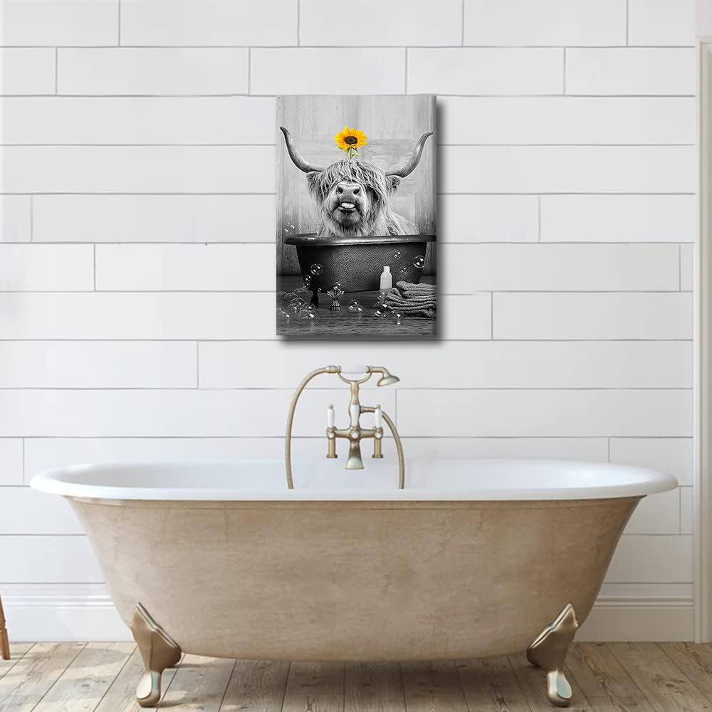 Yak Decor Bathroom Wall Art Canvas Framed Highland Cattle Sunflower Poster Funny Bathtub Decor Farmhouse Decor Home Bar Toilet Cafe Wall Decor Ready to Hang - Image 2