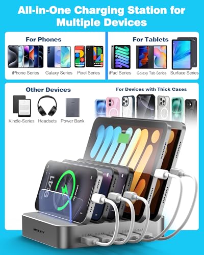 Image of MSTJRY Charging Station for Multiple Devices : 5 Port Multi USB-A Charger Stations Multi-Device Organizer Charging Dock Designed for iPhone iPad Cell Phone Tablets (7 Short Cables Included), Silver