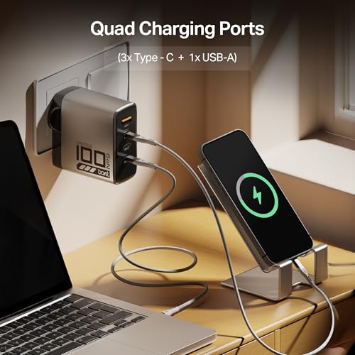 Image of Boat 100W GaN Charger: Fast Charging Adapter with 4 Ports (3 USB-C + 1 USB-A), PD Support, MacBook air M3 0-50% in 26 Minutes, Compatible w /All iPhones, Android Phones, MacBooks, Dell, HP (Ash Grey)