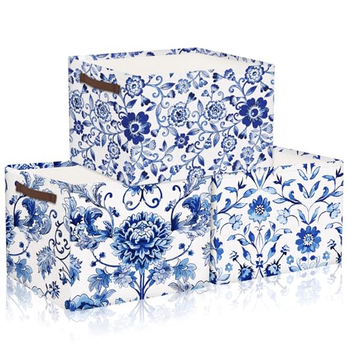 Geelin 3 Pack Blue and White Chinoiserie Storage Baskets, Large Foldable Decorative Storage Bins with Handles, Blue Floral Canvas Organizer Boxes for...
