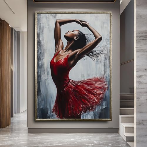 Art mural de ballerine en robe rouge avec peinture à l'huile sur toile 70x100