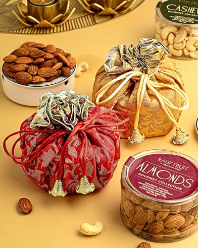 Image of HyperFoods Diwali Gifts for Family and Friends DryFruit Combo Pack Rawfruit's Handcrafted Potli Pack of 4 Almond Cashew Raisins Pistachios 495 Grams DryFruits Gift Box Diwali Gift Hamper