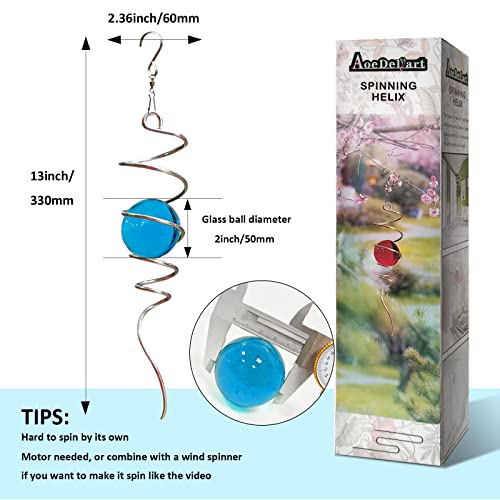Image of Aoedelyart Gazing Ball Spiral Decorative Wind Spinner Tail with Blue Glass Orb,Wind Spinner Spiral Stabilizer,Hanging Visual Illusion in Spinning Yard Art Decor,Indoor Outdoor Garden Decoration-13 in