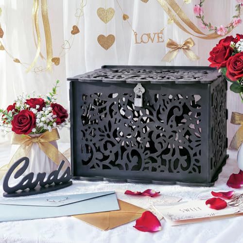 Image of OurWarm Black Wedding Card Box with Lock, Elegant PVC Card Boxes for Wedding Decorations for Reception, Secure & Versatile Gift Boxes, Ideal as Honeymoon Fund Box for Parties and Events