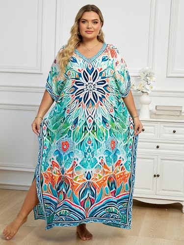 Image of KECVOT Kaftan Dresses for Women V-Neck Print Swimsuit Cover Up Plus Size Beach Caftan Lounge Dress