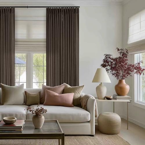 Image of TWODRAPES Dark Chocolate Pinch Pleated Linen Curtains 2 Panels for Living Room Bedroom Memory Training Shaped Semi Sheer Pleat Drapes with Hooks Rings Light Filtering Window Curtain 40x90
