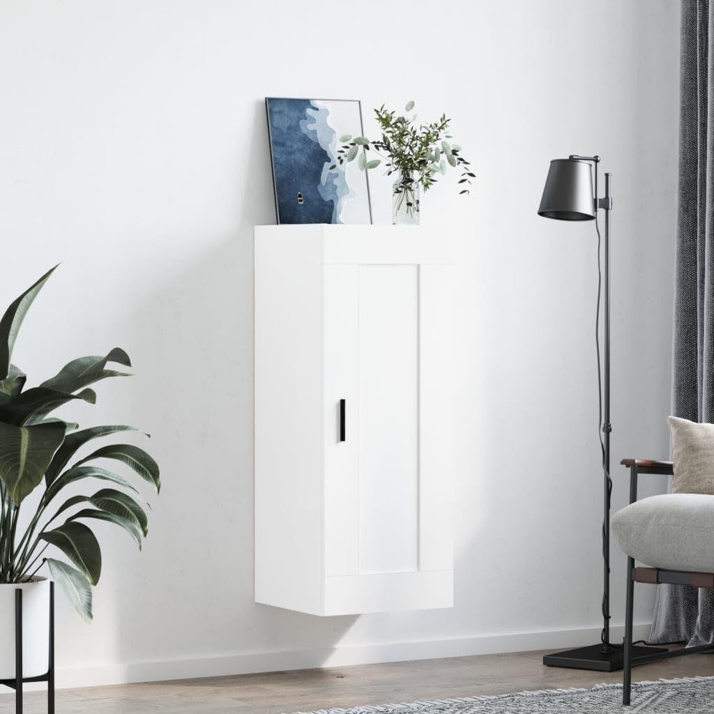 Armadietto a Muro Bianco in Legno Multistrato 34,5x34x90 cm con Anta e 3 Scomparti, Mobile da Parete Elegante e Robusto per Soggiorno Camera da Letto, Design Compatto