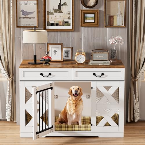 Large Dog Crate Furniture Dog Kennel with Drawers Storage and Locks 2 in 1 Crates for Dogs Indoor Heavy Duty Dog Crate for One Large or 2 Small Dogs