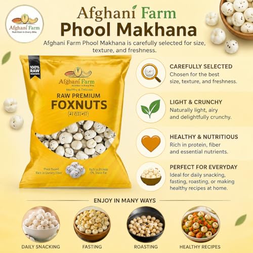 Image of Afghani Farm Phool Makhana 1kg | Premium Raw Foxnuts & Lotus Seeds | Healthy Roasted Snack | Rich in Protein, Fiber & Minerals | Gluten Free Plain Makhana Pack