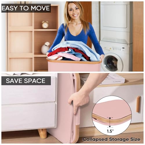 Image of BALEINE Laundry Hamper with Lid, Tall Laundry Baskets with Bamboo Pull Handles, Large Laundry Bin with Internal Support (36 Gal /140L, Pink)