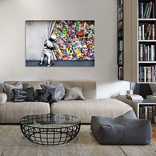 Yatsen Bridge Classic Street Art Banksy Graffiti Wall Art Behind The Curtain Posters Canvas Paintings Colorful Graffiti Pictures Prints Framed for Living Room Home Decor(36''W x 24''H) - Image 4