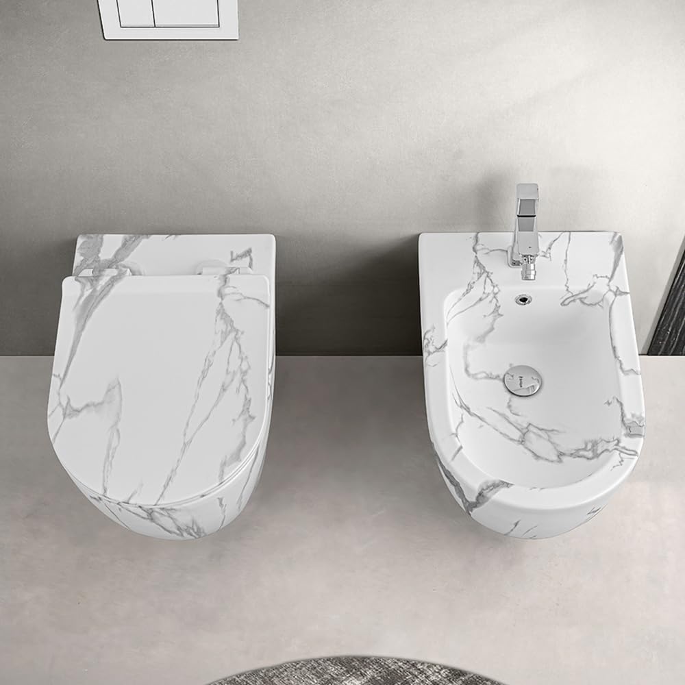 Set Sanitari Filomuro Rimless In Ceramica Con Effetto Marmorizzato Bianco Linea Tokyo, L 36 x P 56 x H 41 Cm, Completo Di Sedile Soft-Close