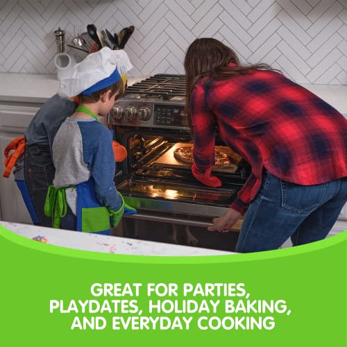 Curious Chef Child Textile Set - 4-Piece Set I Real Chef's Wear For Children I Child-Sized Apron, Oven Mitts & Hat I Machine Washable I Pink/Green #TOP4
