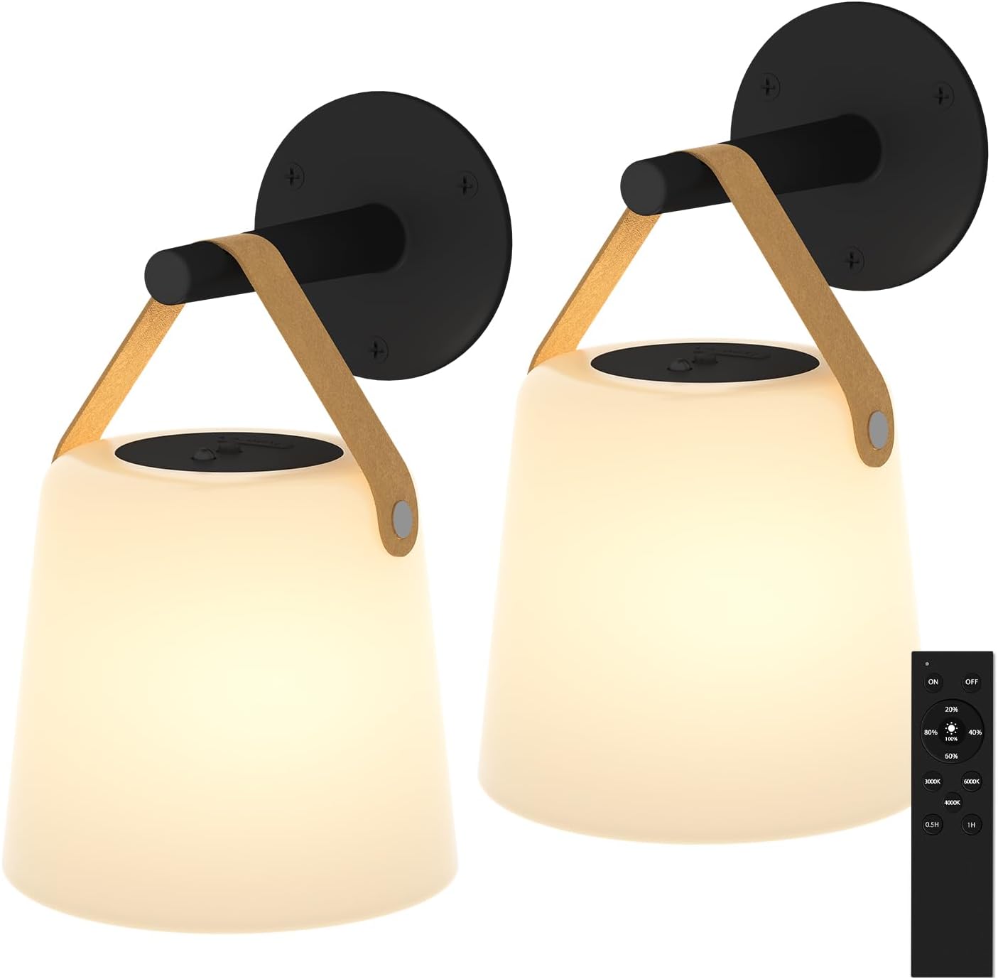 TACAHE Rechargeable Wall Sconce - Plastic Frosted Lampshade - 3 Color Temp & 5 Brightness - Remote Control - 5000 mAh Rechargeable Battery Operated - Cordless Wall Lamp for Camper, RV - Set of 2 Minimalist (missing remote)