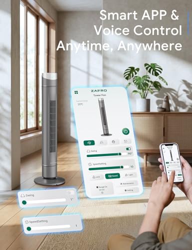 Image of ZAFRO Smart Tower Fan for Bedroom,120 Oscillating Fans that Blow Cold Air | 28ft /s High-Speed 12 Speeds 4 Modes Upgraded DC 22dB Ultra Quiet,App /Voice Control,Standing Fan with 12H Timer,42Inch,Grey