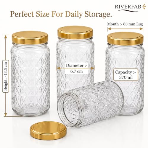 Image of Glass Jar with Air Tight Metal Lid I Kitchen Storage Jars for Spices, Coffee, Sugar & Dry Fruits I Grocery Storage Container I Kitchen Pantry Organiser Jar (DIAMOND GLASS JAR - 370 ml - PACK OF 6)