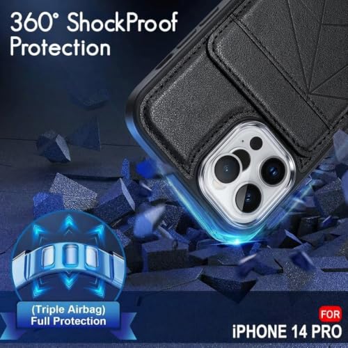 Image of amazon basics Premium Vegan Leather Back Cover with Card Holder and Integrated Mobile Stand for iPhone 14 Pro - Slim Shockproof Wallet Case with Geometric Stitching [Black]
