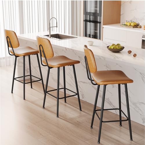 Image of Raynesys 29-Inch Leather Bar Stools Set of 3 with High Backrest, Brown